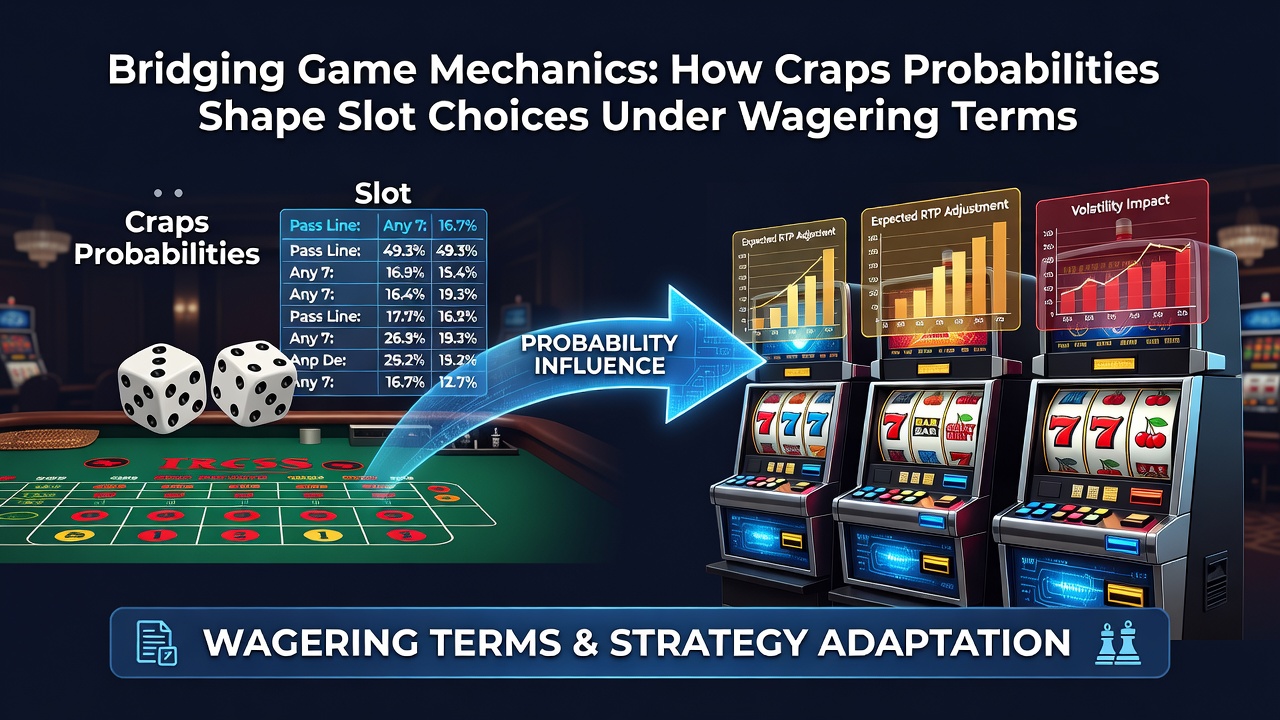 Chart comparing craps house edges to slot RTP values alongside examples of common wagering multipliers and bankroll trajectories