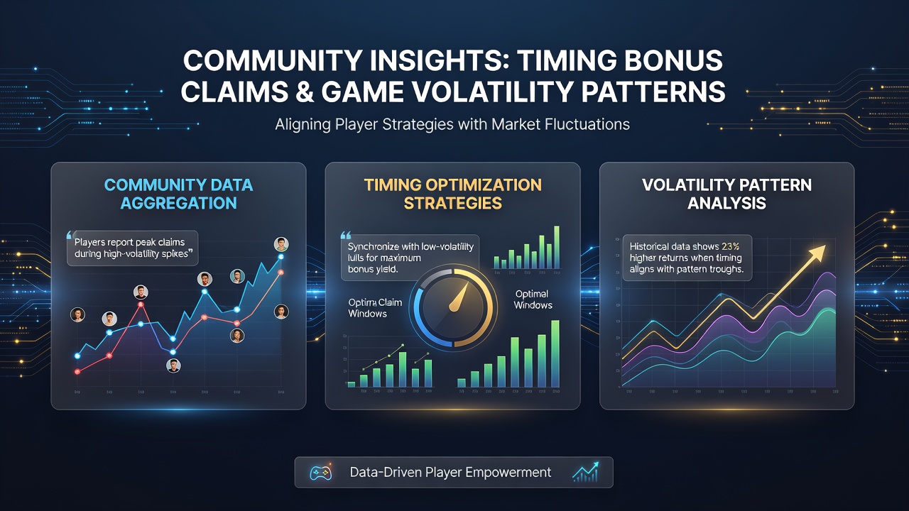 Online casino players discussing bonus timing strategies in community forums with slot volatility charts displayed on screens