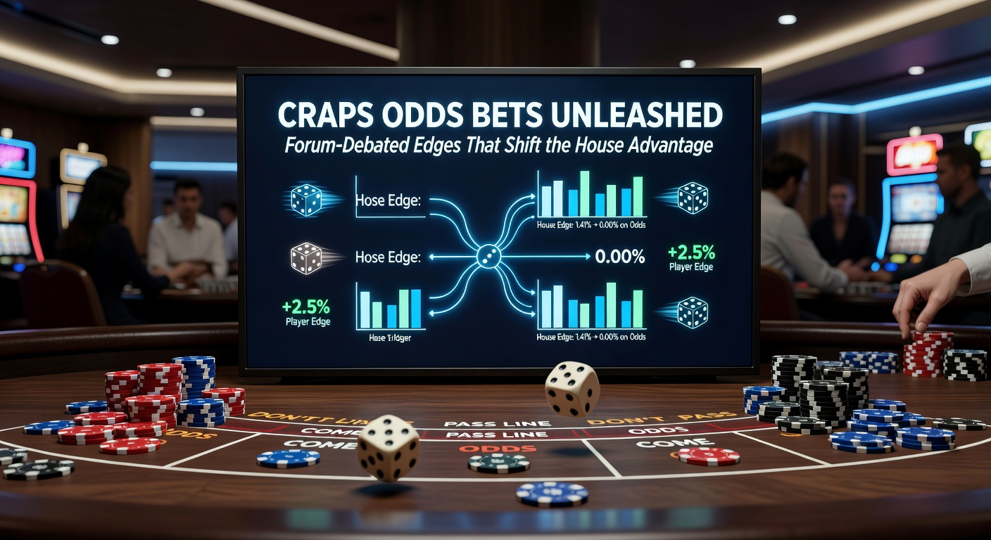 Craps table with highlighted odds bet areas, showing chips placed behind the pass line