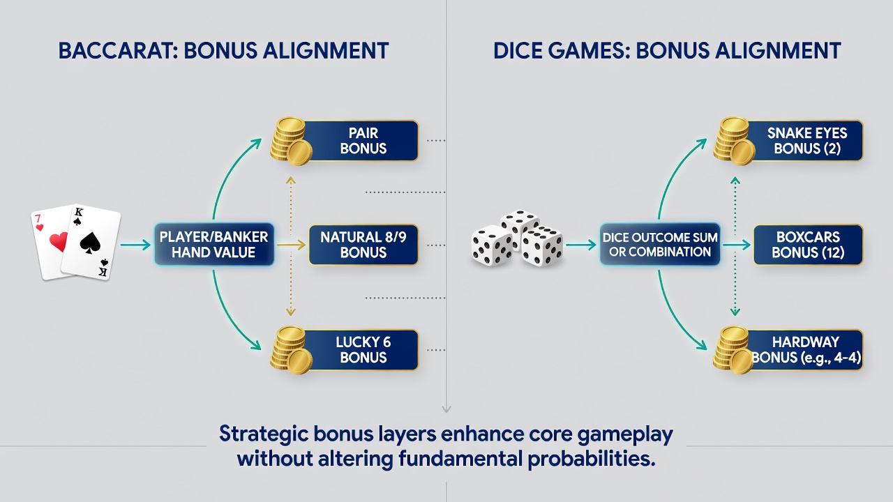 Detailed view of craps layout with bonus contribution indicators