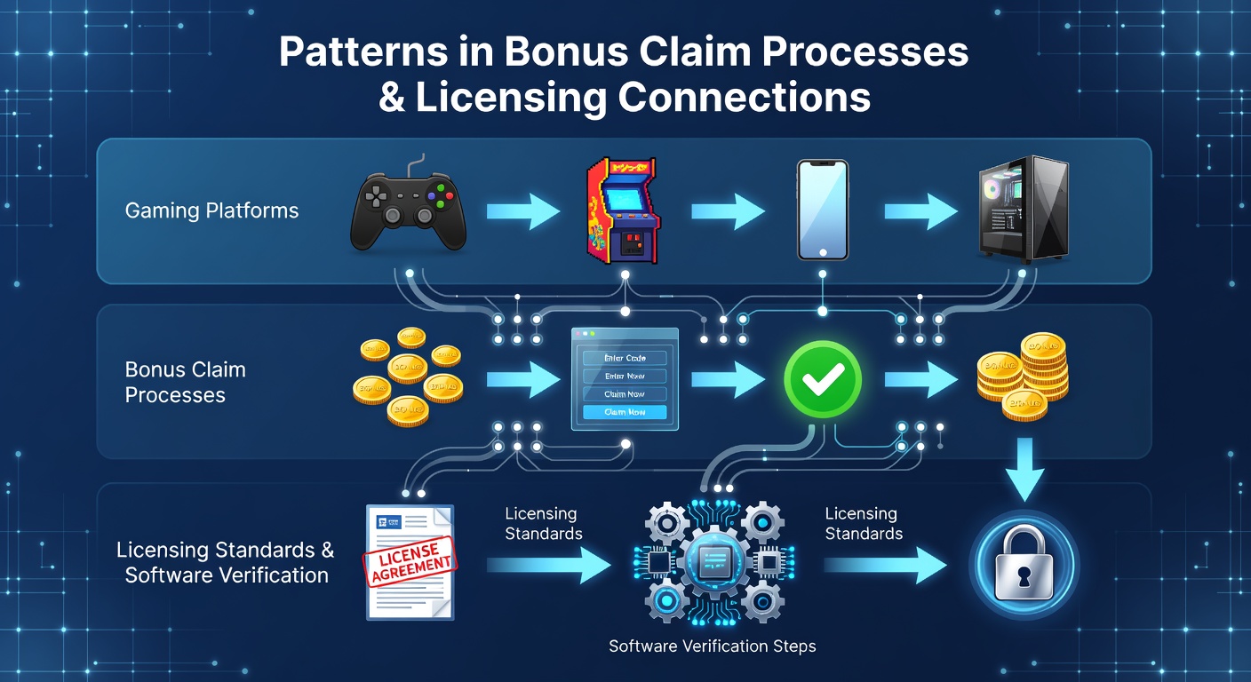 Diagram showing connections between licensing standards, software verification, and bonus claim workflows on gaming platforms
