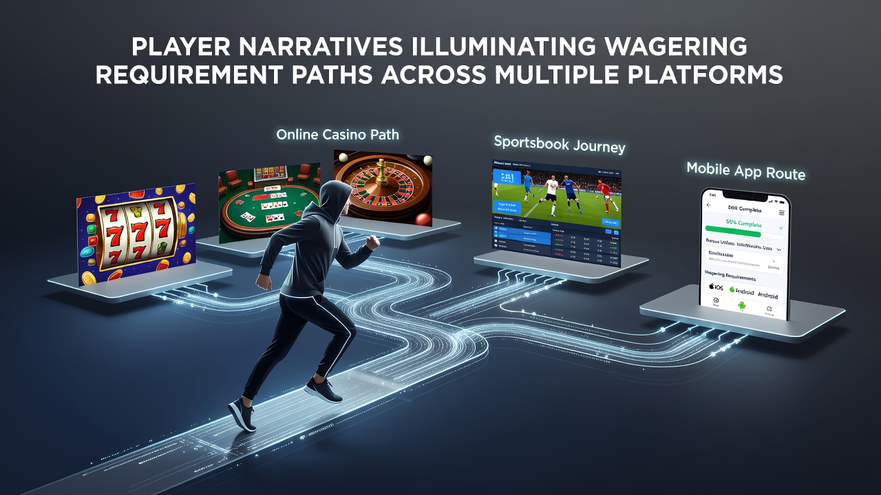 Players reviewing wagering requirement details across various online casino interfaces on desktop and mobile screens