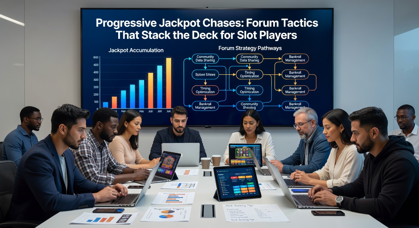 Group of forum users discussing strategies around a digital progressive jackpot display on laptops